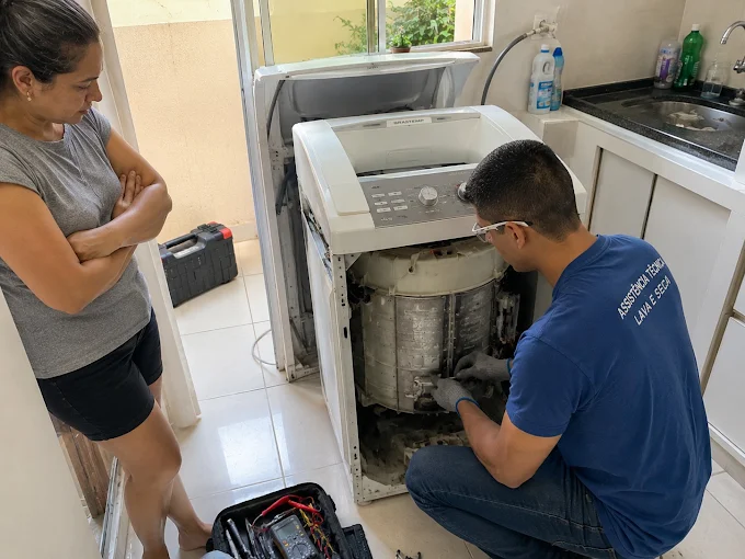 Técnico da WTC consertando máquina de lavar em Vicente Pires